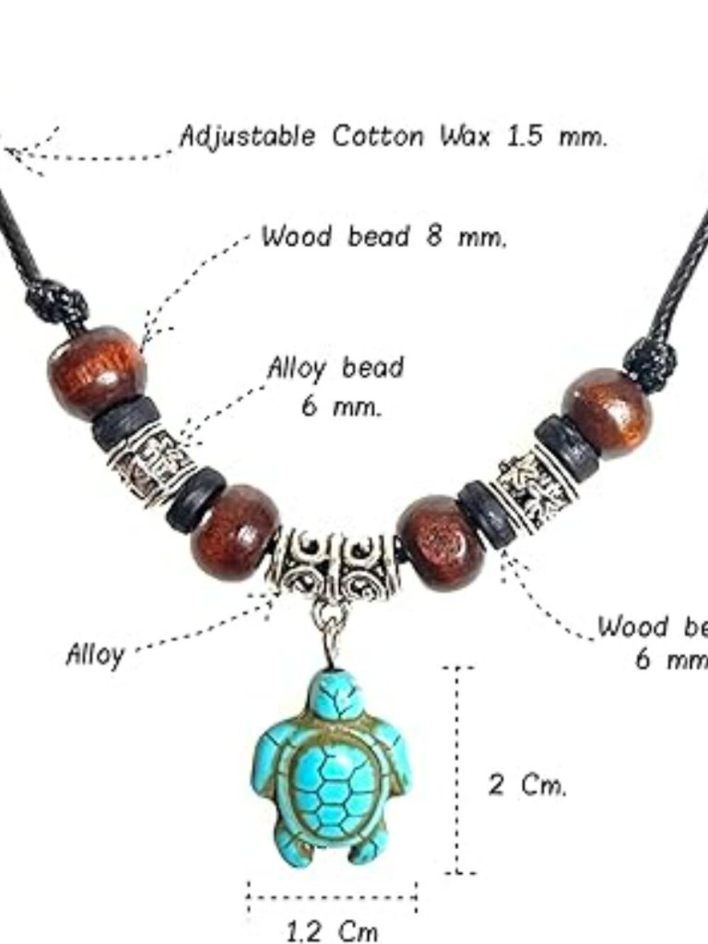 New Boho Hawaiian Sea Turtle Necklace Bone Beaded Wood Bead Adjustable Cord - Picture 3 of 3
